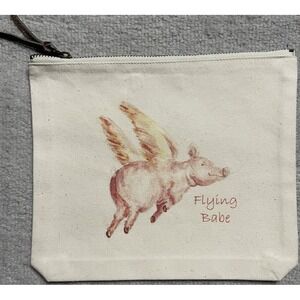 French Graffiti Canvas Cotton Make Up Bag Pink Pig Flying Babe 9"